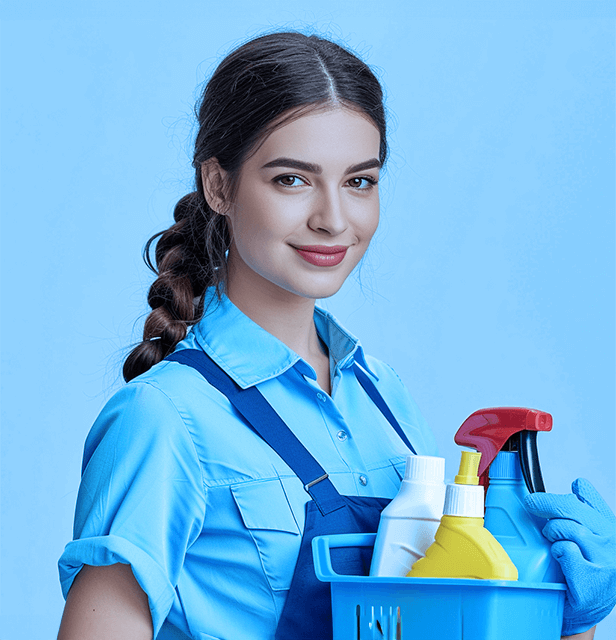 A cleanig lady hoding cleaning supplies